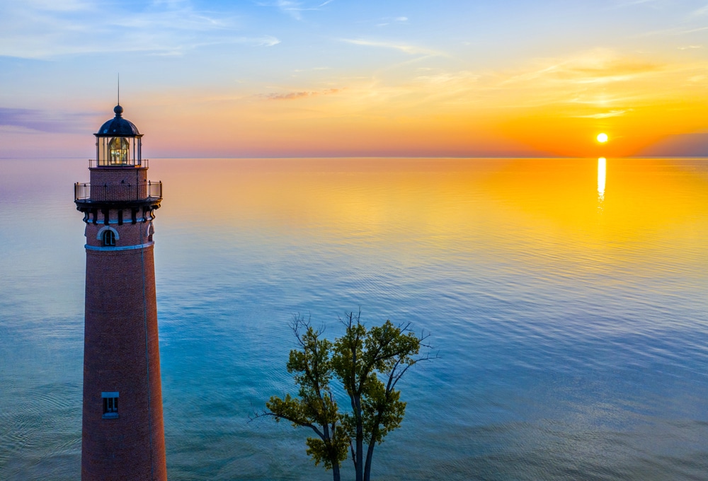 Beautiful sunset from lake michigan lighthouses near kalamazoo