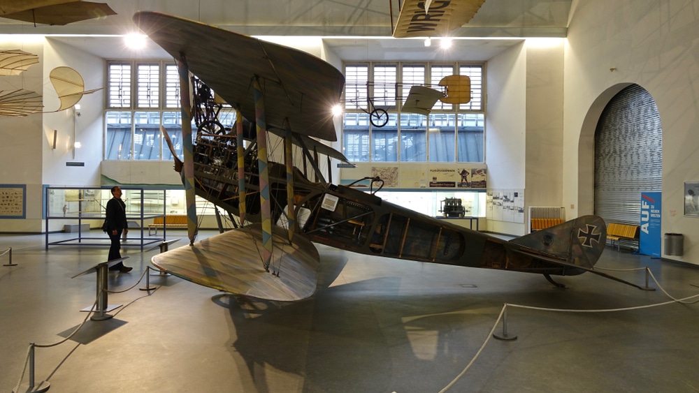 A biplane as seen in one of the top museums in kalamazoo, the airzoo aerospace museum