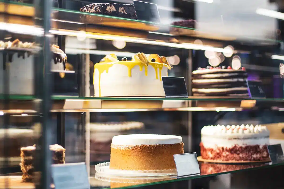 Baked goods in a glass case